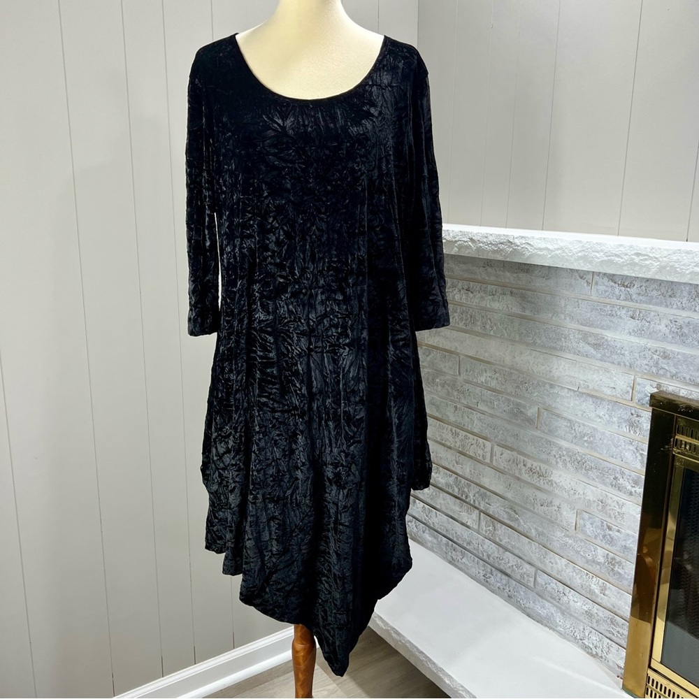 Bryn Walker Velvet Crinkle Black Scoop Neckline Asymmetrical Hemline Dress M